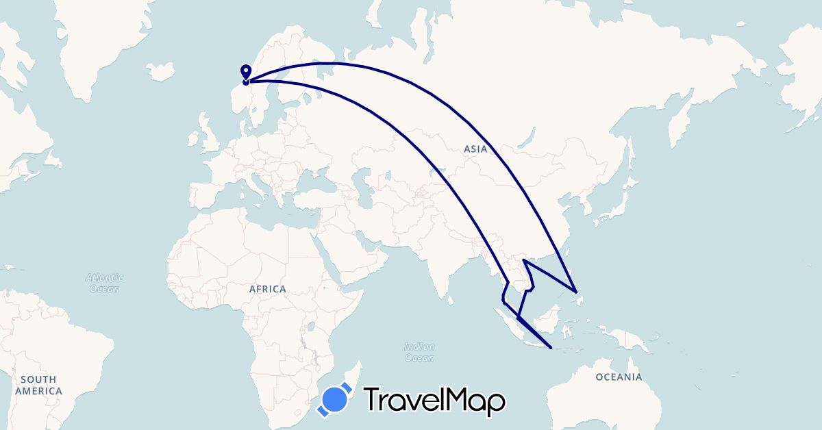 TravelMap itinerary: driving in Indonesia, Malaysia, Norway, Philippines, Singapore, Thailand, Vietnam (Asia, Europe)